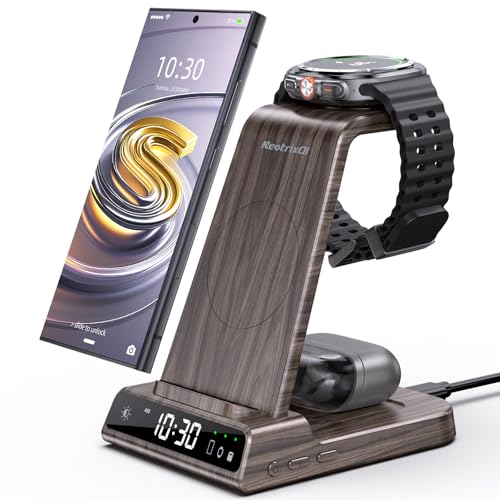 Wireless Charger for Samsung Charging Station: 3 in 1 Android Charging Stand with Dimmable Clock - Nightstand Organizer for Galaxy S25 Ultra, Galaxy Watch 8 7 6 5 4, Galaxy Buds (Not for iWatch) - color: Woodgrain