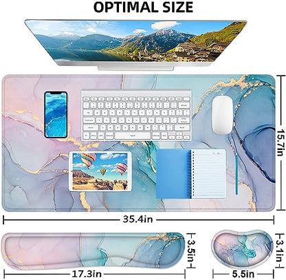 Lateefah Desk Mat, Extended Mouse Pad with Wrist Rest, 4-in-1 Large Mouse Pads for Desk, Keyboard Pad and Keyboard Wrist Rest Gaming Keyboard Mat for Office, Home - color: Green Marble-35.4''x15.7''