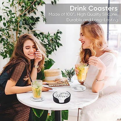 6 Pack Rubber Coasters for Drink with Holder, Silicone Cup Mat Non-Stick | Coasters Drink Non-Stick Outdoor Plastic Coasters Set Thickened Hot-Cold Fits Any Cups Table Rubber Non-Slip Glass Coaster - color: Black White-plastic Holder