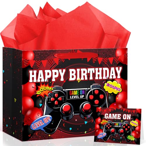 Game Theme Birthday Party Supplies Video Game Birthday Gift Bag with Wrapping Paper and Card Red Black Gaming Decorations Gamer Wrapping Paper Bag for Boys Girls Men Women Game Theme Party Decor - color: Red Black