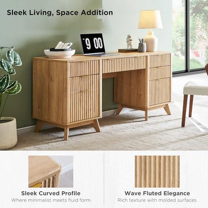 T4TREAM 60'' Fluted Executive Desk with Drawers, Modern Home Office Computer Desk with Charging Station, Keyboard Tray, File Drawer and Storage Cabinet for Study, Living Room, Bedroom, Natural Oak - color: Natural Oak