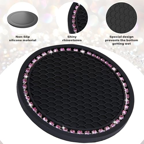 BFXM 2 PCS Bling Cup Holder Coasters for Car, Car Accessories for Women 2.75 inch Diamond Universal Non-Slip Silicone Cup Holder Coasters, Sparkly Bling (Pink Diamond) - color: Black+bling Pink