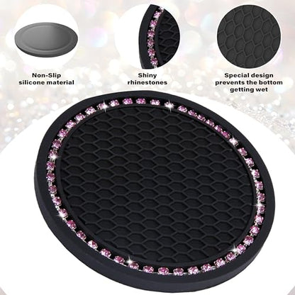 BFXM 2 PCS Bling Cup Holder Coasters for Car, Car Accessories for Women 2.75 inch Diamond Universal Non-Slip Silicone Cup Holder Coasters, Sparkly Bling (Pink Diamond) - color: Black+bling Pink