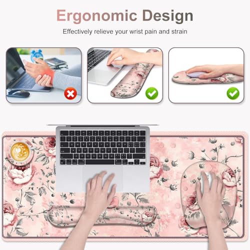 4 in 1 Large Mouse Pad, Keyboard Wrist Rest Set, Ergonomic Mouse Pad with Wrist Support, Desk Mat with Stitched Edges Extended Desk Pad Waterproof Desk Mat for Home Office Game I Pink Rose Flowers - color: Pink Rose Flowers