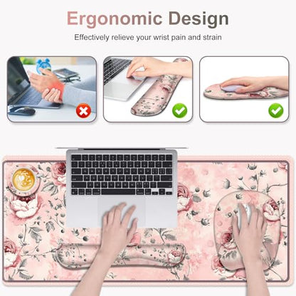 4 in 1 Large Mouse Pad, Keyboard Wrist Rest Set, Ergonomic Mouse Pad with Wrist Support, Desk Mat with Stitched Edges Extended Desk Pad Waterproof Desk Mat for Home Office Game I Pink Rose Flowers - color: Pink Rose Flowers