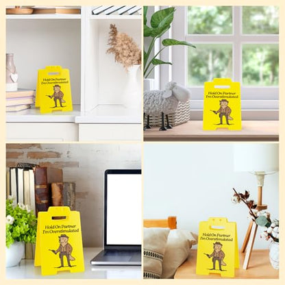 Funny Cowboy Dog Desk Sign - Hold On Partner I'm Overstimulated - Neurodivergent Humor Office Decor, Gag Gifts for Coworkers, Meme Decoration - style: Cowboy Dog