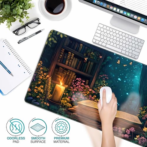 Gothic Desk Mat Gaming Desk Pad Blue Forest Large Mouse Pad, Mysterious Library Mouse Mat XXL Laptop Keyboard Pad, Vintage Gamer Mouse Pad Full Mousepads for School Office Home 31.5"x15.7" - color: Blue Forest