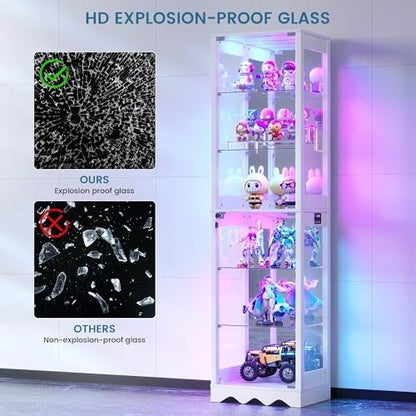 Dystler Display Cabinet with Glass Doors, 6 Tier RGB Lights Curio Cabinet | Adjustable Shelves, Human Sensor Lighting, Modern LED Display Case for Collectibles, White - color: White