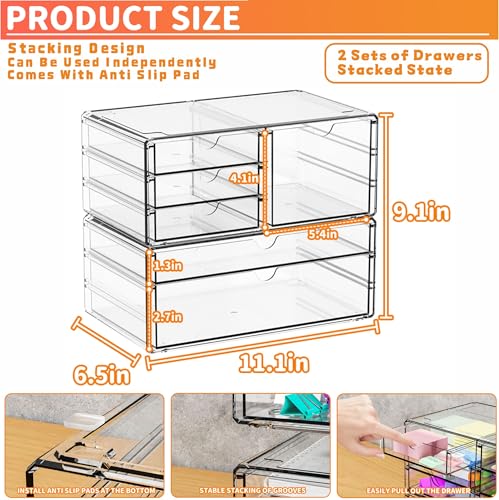 Yieach 2 Pack Acrylic Drawer Organizer With 6 Drawers,Stackable 11.1” Large Clear Storage Drawers and Makeup Organizer For Vanity,Bathroom Countertop,Cabinet,Pantry,Office Supply Storage Bins Drawers - size: large 6 Drawers