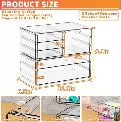 Yieach 2 Pack Acrylic Drawer Organizer With 6 Drawers,Stackable 11.1” Large Clear Storage Drawers and Makeup Organizer For Vanity,Bathroom Countertop,Cabinet,Pantry,Office Supply Storage Bins Drawers - size: large 6 Drawers