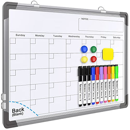 Monthly Calendar Whiteboard for Wall, 16x12 Inches Dry Erase Board, Small Magnetic White Board, Double-Sided Hanging Board for Office School Home Kitchen, Portable Board for Drawing Planning Memo - style: Whiteboard 16X12 Silver