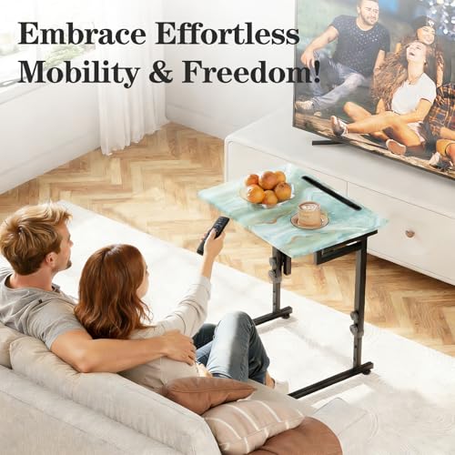 Adjustable Height Tv Tray Table,Portable Folding Tv Tray Dinner Snack Trays Table,Small Foldable C-Shaped End Table for Eating,Slide Under Couch Side with Sturdy MDF Top,No Assembly(Sea Blue+Black) - color: Sea Blue+black