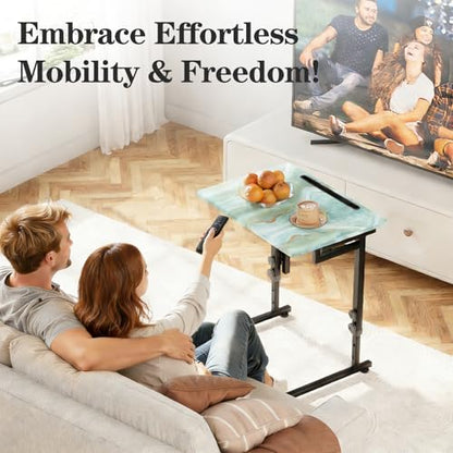 Adjustable Height Tv Tray Table,Portable Folding Tv Tray Dinner Snack Trays Table,Small Foldable C-Shaped End Table for Eating,Slide Under Couch Side with Sturdy MDF Top,No Assembly(Sea Blue+Black) - color: Sea Blue+black