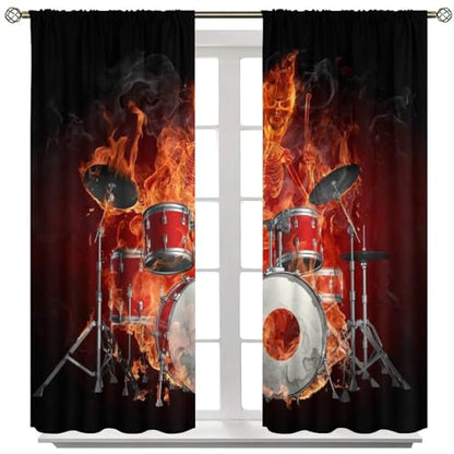Music Curtain, Skeleton Flame Drums Hell of A Drummer Rock Music Theme Window Treatments Drapes for Boys Girls Teens Bedroom Living Room 42" W X 45" L(No Blackout) - color: Musical-3, size: 20.5"W x 45"L (Pack of 2)