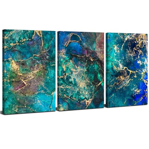 Blue Abstract Marble Wall Art Turquoise Green and Gold Abstract Pictures for Living Room Wall Decor Foil Texture Painting Canvas Prints Modern Artwork Bathroom Bedroom Home Decorations 12x16" 3 Pieces - color: Teal Marble, size: 12"l X 16"w