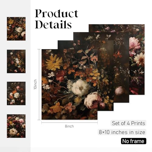 Locomiss Vintage Floral Wall Art Decor Posters, Dark Cottagecore Wall Decor, Vintage Moody Flower Botanical Posters Print for Farmhouse Bedroom Bathroom Living Room, Set of 4 (8x10 Unframed) - color: floral