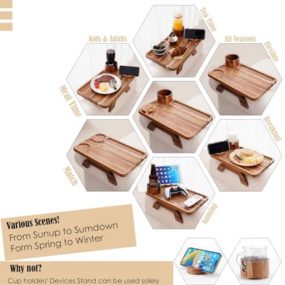 Nnewvante Couch Cup Holder Tray, 3 in 1 Large 15.36"x9.85" Acacia Wood Sofa Arm Clip on Tray Table with 360°Rotated Phone Holder on Armrest - color: Acacia