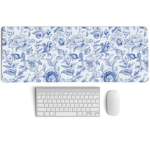 Blue Chinoiserie Mouse Pad,Blue and White Floral Desk Mat,XL Large Floral Preppy Trendy Mouse Pad,Girly Gaming Mousepad,Girly Laptop Desk Mat for Dorm Home Office Decoration,31.5x11.8 Inch - color: XL Blue Chinoiserie
