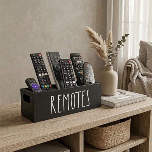 Remote Control Holder, Farmhouse Remote Storage Caddy, Bedside TV Controller Box, Rustic Wood Media Organizer Tray for Home Bedroom Table (Black) - color: Black