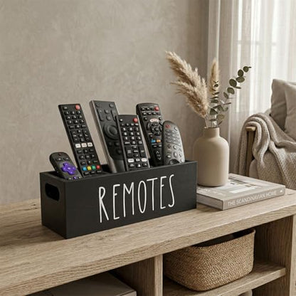Remote Control Holder, Farmhouse Remote Storage Caddy, Bedside TV Controller Box, Rustic Wood Media Organizer Tray for Home Bedroom Table (Black) - color: Black