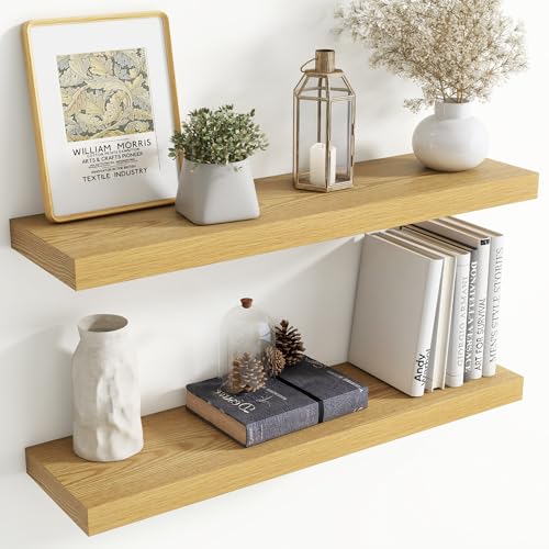 36 Inch Floating Shelves for Wall, 8 Inch Deep Floating Shelf for Storage & Display, Rustic Wall Mounted Shelf with Invisible Brackets for Living Room, Kitchen, Bathroom, Home Decor, Set of 2, Oak - color: Oak, size: 36 Inch, Set of 2