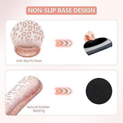 iLeadon Mouse Pad Set, Desk Mat + Mouse Pad with Wrist Rest + Keyboard Wrist Rest + Coaster, 4in1 Glitter Leopard Mouse and Keyboard Pad Set for Home Office, Pink Rose Gold Leopard - color: Pink Rose