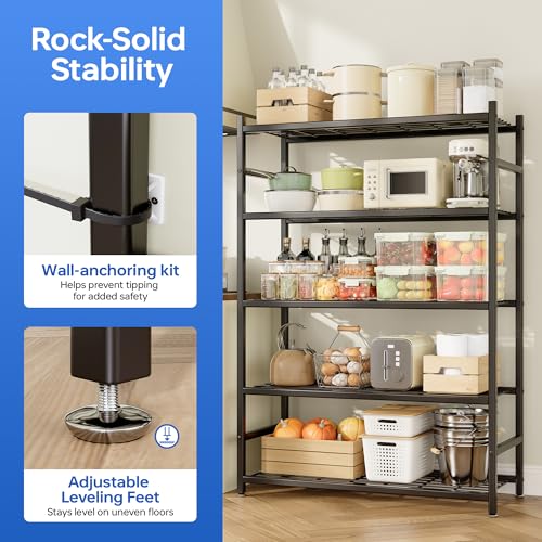 36.4" W Storage Shelves, 5-Tier Metal Shelving Unit with Leveling Feet, Shelf Organizer for Garage, Kitchen, Pantry and Closet Organization, 36.4" x 11.8" x 68.3", Black
