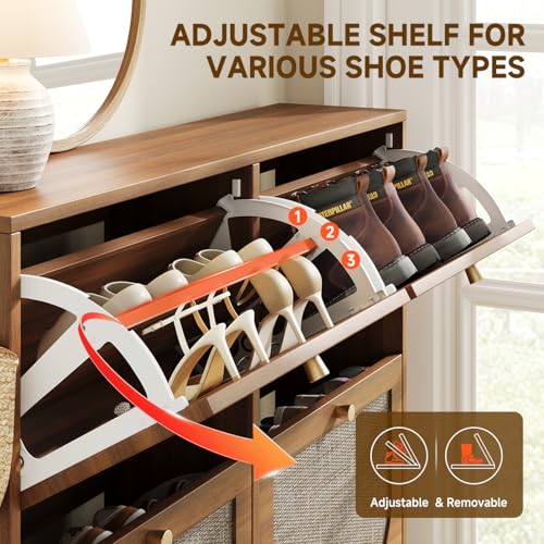 Nicetree Freestanding Ultra Slim Fluted Accent Shoe Storage Cabinet for Entryway - 3 Flip Drawers & 3-Tier Adjustable Shelves, Farmhouse Modern Rustic Shoe Rack for Hallway, Foyer