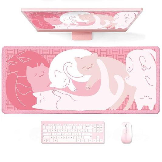 Gaming Mouse Pad XXL Extended Anime Mouse Pad 31.5x15.7 inch, Large Cute Kawaii Big Computer Mouse Mat Desk Pad with Non-Slip Rubber Base and Stitched Edge for Home Office-Pink Cat - color: Pink Cat, size: 31.5L x 15.7W inches