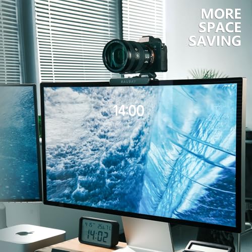 RAUBAY 【Upgraded】 Monitor Camera Mount Stand, Hanging Webcam Clamp with 1/4" Screw, MILC Monitor Top Support for Live Stream, etc. Compatible with Curved Monitors, Maximum Width up to 1.4" CM02 - style: CM02
