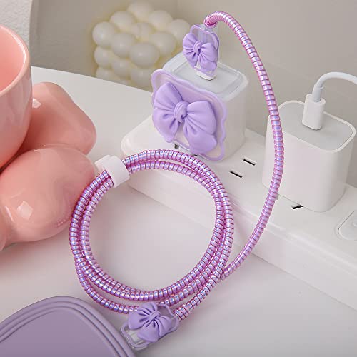 Compatible with iPhone 18W/20W USB-C Charger Cover Cute 3D Bow Tie Design Clear Soft Charger Protector Kawaii Cable Saver for iPhone 11 12 13 14 Pro Max Fast Power Adapter, Purple 2 (5in1) - color: Purple 2 (5 in 1)