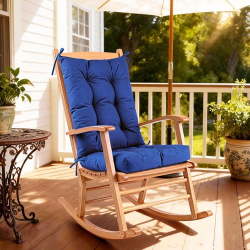 Outdoor Rocking Chair Cushion Set Waterproof Weather Resistant Tufted with Ties, Non-Slip High Back Chair Pads for Garden Patio Wooden Rockers - color: Outdoor Blue