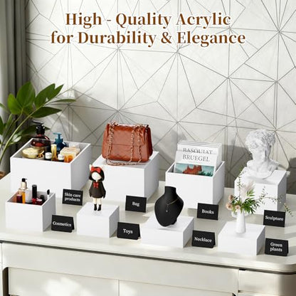 3 PCS 10" 9" 8" White Buffet Risers with Mini Sign and Makers, Large Food Risers for Buffet Table, Display Shelf Stands for Party, Catering, Dessert, Jewelry Collectibles, Nesting Cube Boxes with Hollow Bottoms Set