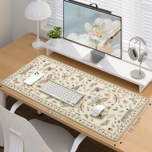 iCasso Beige Large Mouse Pad, Desk Matt for Desktop, XXL Desk Mat for Keyboard and Mouse, Anti-Slip Big Mousepad Computer Mat with Stitched Edges - color: Insect-beige