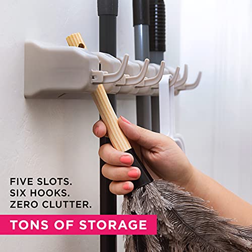 Broom Holder Wall Mount, Mop and Broom Organizer – Wall Mounted Broom Rack & Mop Rack, Rack for Brooms and Mops | Broom Hanger Wall Mount with 5 Slots & 6 Hooks, Kitchen Garage Laundry Garden (Beige) - color: Beige, size: 1 Pack