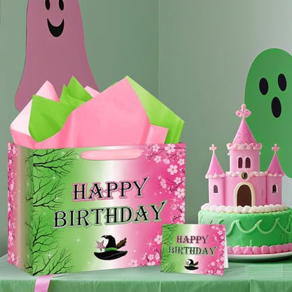 Hooqict Large Pink and Green Gift Bag Witch Birthday Gift Wrap Bag with Handles, Tissue Paper, Greeting Cards for Girls Friendship Princess Witch Party Favors Movie Theme Birthday Party Supplies - color: Pink and Green