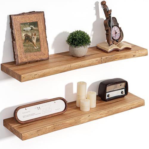 Floating Shelves for Wall Decor, Rustic Solid Elm Wood Live Edge Floating Shelves Wall Mounted, Wall Shelves with Invisible Bracket for Living Room Bathroom Bedroom Kitchen, 30 Inch Set of 2, Natural - color: Natural, size: Live Edge, 30inch, 2Packs