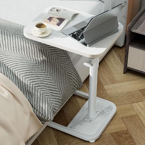 GOYLSER C Shaped Tv Trays Living Room End Table End Stand, White Marble Minimalist Wooden C Table for Sofa, Height Adjustable Tv Tray Tables Side Table for Dinner Eating - color: White Marble