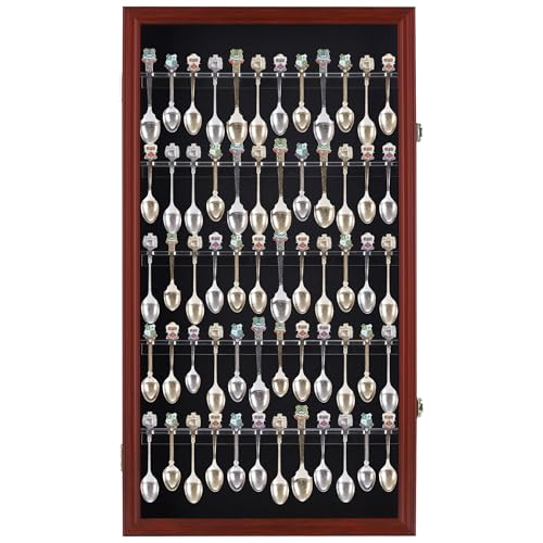 DisplayGifts 60 Souvenir Spoon Tea Spoon Display Case Rack Holder Wall Cabinet Collection Frame with UV Protection, Lockable Door (Cherry Finish) - color: Cherry Finish