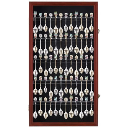 DisplayGifts 60 Souvenir Spoon Tea Spoon Display Case Rack Holder Wall Cabinet Collection Frame with UV Protection, Lockable Door (Cherry Finish) - color: Cherry Finish