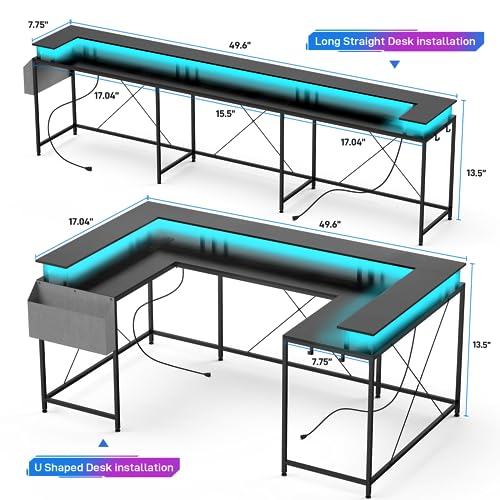 U Shaped Desk with Power Outlet & LED Lights, 79" Reversible Computer Desk with Monitor Stand, Wood Home Office Desks Gaming Desk with Shelving, Side Storage Pockets, Black - color: Black