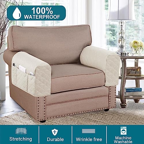 Turquoize 2 Pack Waterproof Armrest Covers for Chairs and Sofas - Couch Arm Covers with Side Pocket Anti-Slip Furniture Protector Washable Armrest Slipcovers, Ivory - color: Single Diamond- Ivory
