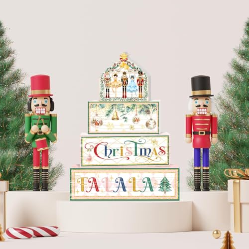 Britimes 4 Pcs Christmas Nutcracker Table Decor Christmas Tiered Tray Decorations Set Nutcracker Stack Block Signs Gift Rustic Farmhouse Tabletop Decor for Table & Home Office - style: Christmas Nutcracker