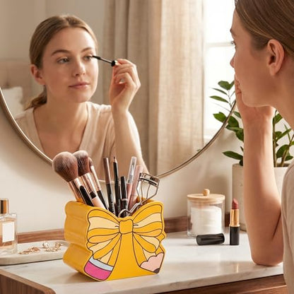 MALLMALL6 Bow Pencil Holder - Back to School Wooden Pen Holder, Cute Ribbon Caddy Case Gift for Kids Students Girls Women, Desktop Dispenser Storage Organizer for Classroom Teacher Office - style: Bow