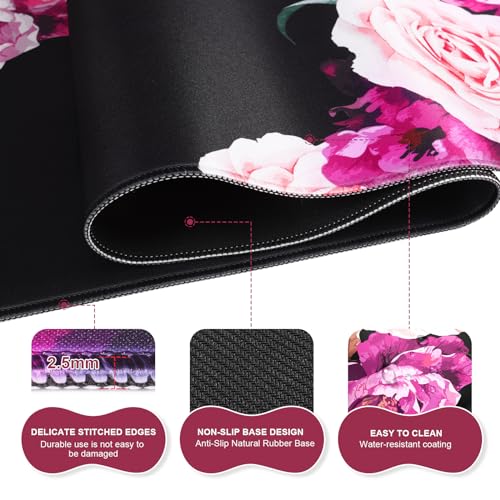 iLeadon Mouse Pad Set, Desk Mat + Mouse Pad with Wrist Rest + Keyboard Wrist Rest + Coaster, Mouse and Keyboard Pad Set with Stitched Edge & Non-Slip Base, Desk Pad Mat for Work Gaming, Peony Flower - color: Peony Flower