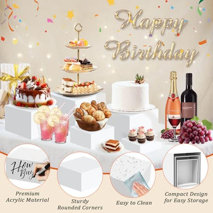 8 PCS Acrylic Buffet Risers Set, White | Versatile Display Stands, 3" to 10" Sizes, For Dessert Tables, Collectibles & Party Food Presentation
