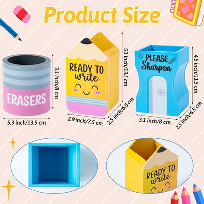 MALLMALL6 3Pcs Pencil Sharpen Eraser Shaped Pencil Holder, Back to School Wooden Caddy Case Gifts for Kid Student, No Assembly Sharp Dull Shaped Desktop Dispenser Storage Organizer for Classroom Decor - style: Pencil & Sharpen & Eraser