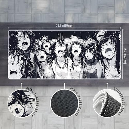 XXL Black & White Manga Gaming Mouse Pad – Large Japanese Art Desk Mat for Keyboard & Mouse – Non-Slip Water-Resistant Surface, Stitched Edges – 35.4x15.7 in (XX-Large) - color: Ahegao, size: 35.4L x 15.7W inches