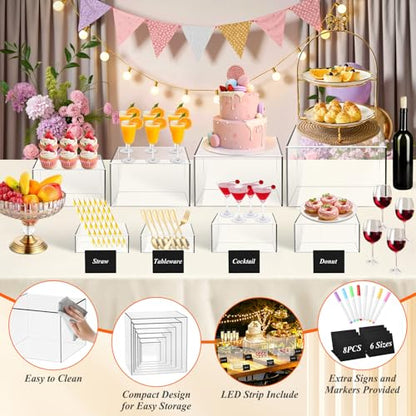 8 Pcs Clear Acrylic Buffet Risers with LED Fairy Lights, Acrylic Food Risers with Mini Sign and Maker, Clear Buffet Risers and Stands for Party Catering Dessert Collectibles(9" 8" 7" 6" 5" 5" 4" 4" ) - color: Clear 9" 8" 7" 6" 5" 5" 4" 4"