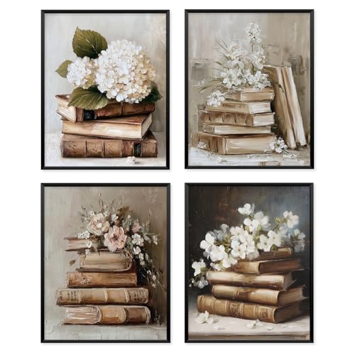 Locomiss Vintage Books Floral Cottage Core Wall Art Decor, 8x10 Posters | Victorian Antique Book Artwork Prints Posters for Farmhouse Living Room Bedroom Office Home Library, Set Of 4 Unframed - color: vintage book, size: 8x10 Inches